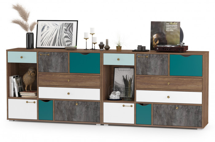 Вайс Комод 10.104 + Комод 10.104, цвет морское дерево винтаж/камень тёмный/бензин/мята/белый премиум, ШхГхВ 242,4х39,9х88,8 см., НЕ универс. сборка