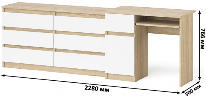 Мори компьютерный стол МС-1 левый + Комод МК1380.6, дуб сонома/белый
