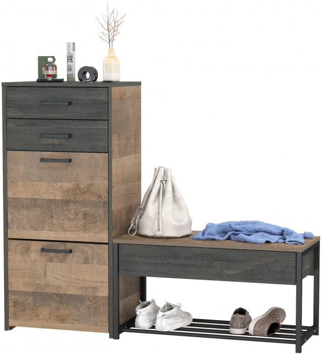 Трувор 13.241.03 Тумба для обуви + 13.241.06 Тумба для обуви, цвет дуб гранж песочный/интра, ШхГхВ 130х37х106,9 см., универсальная сборка