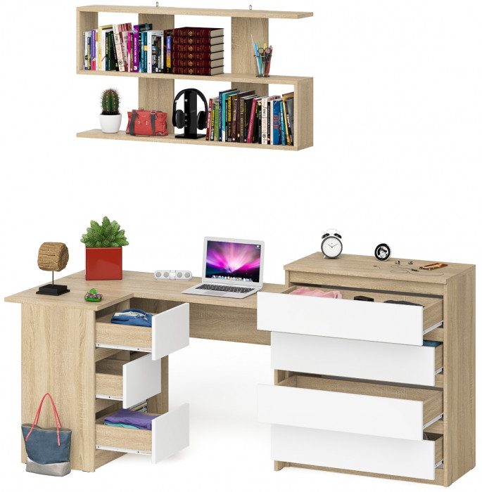 Мори компьютерный стол МС-16 левый + Комод МК800.4 + Полка 1200, дуб сонома/белый