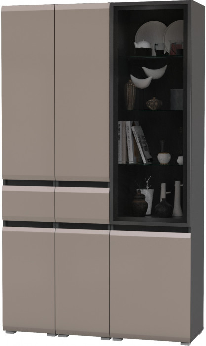 Сидней 13.202 Шкаф с ящиком 2 штуки + Шкаф-витрина 13.201, корпус: антрацит/фасады: МДФ веллюто капучино/стекло