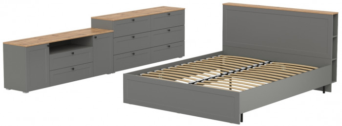 Остин 11.53 Кровать + ортопед + 16.240 Комод + 16.47 Тумба под ТВ, серый графит/дуб крафт золотой