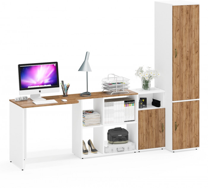 Лидер-8 Стол + Тумба МД 3.19 + Пенал МД 23Б, цвет белый шагрень/крафт золото, ШхГхВ 245х50х75/190 или 155х120/50х75/190 см., НЕ ун. сборка