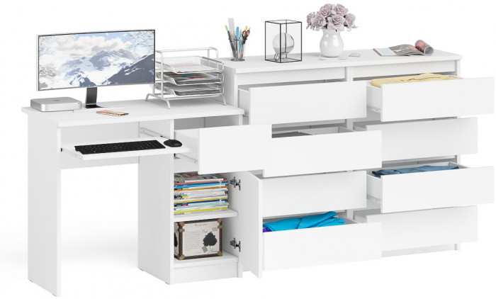 Мори Стол компьютерный МС-1 правый + Комод МК1200.8, цвет белый, ШхГхВ 210,4х50х94 см., выдвижной ящик справа, НЕ универсальная сборка