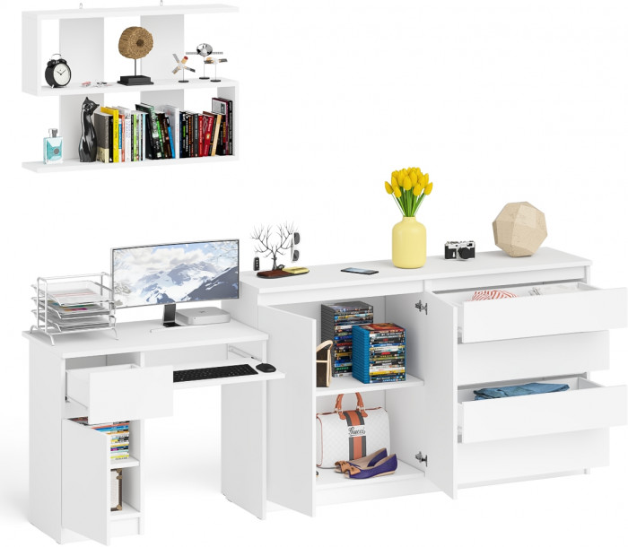 Мори компьютерный стол МС-1 левый + Комод МК1600.1 + Полка 900, белый