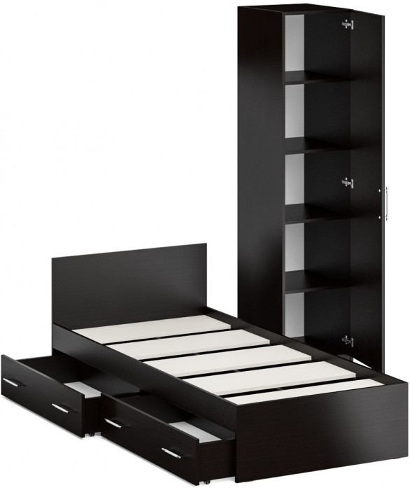 Кровать с ящиками 0900 + Пенал Стандарт, цвет венге, ШхГхВ 93,5х203,5х70 + 45х52х200 см., сп.м. 900х2000 мм., без матраса, основание есть