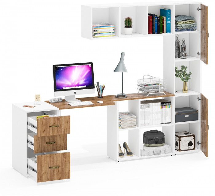 Лидер-8 Стол + Полка + Тумба МД 3.16 + Пенал, цвет белый шагрень/крафт золото, ШхГхВ 245х50/30х75/190 или 120х155/30х75/190 см., НЕ универс. сб.