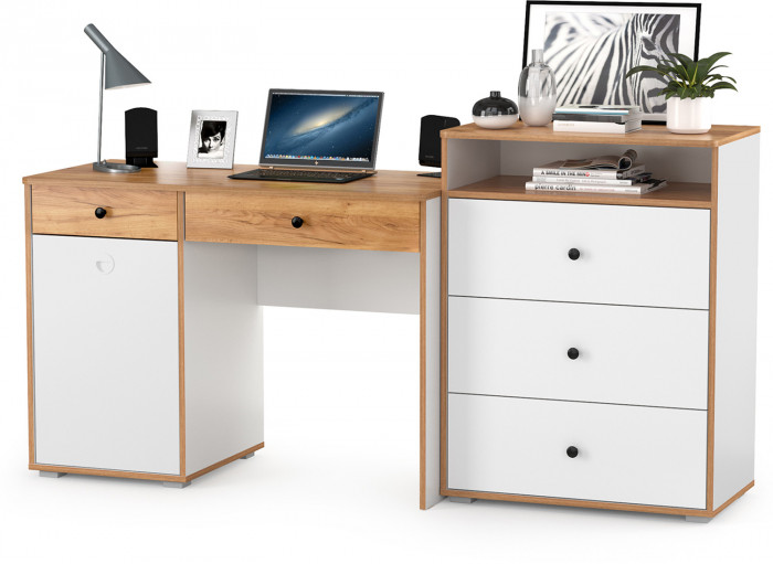 Вуди Стол письменный 12.42 + Комод 13.293, цвет белый премиум/дуб крафт золотой, ШхГхВ 180х52,7х93,2 см., универсальная сборка