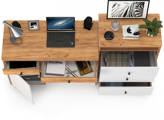 Вуди Стол письменный 12.42 + Комод 13.293, цвет белый премиум/дуб крафт золотой, ШхГхВ 180х52,7х93,2 см., универсальная сборка