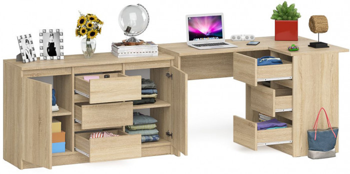 Мори компьютерный стол МС-16 правый + Комод МК1200.3, дуб сонома