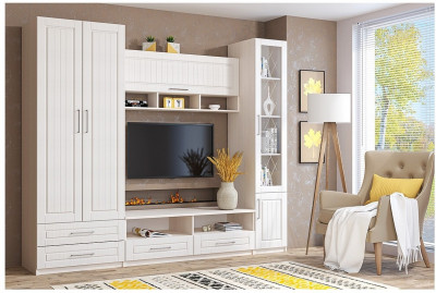 Модульная Гостиная Аллегро 9 МДФ Гравировка (Бодега белая/Сандал белый)