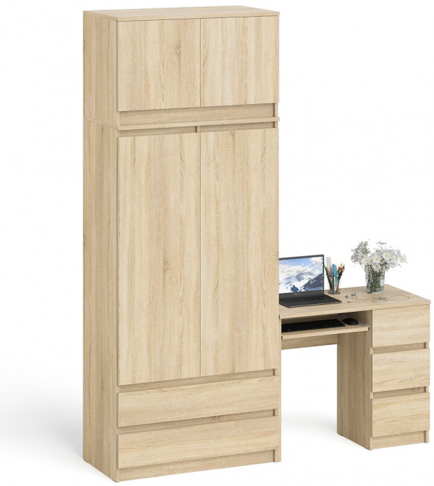Мори Стол компьютерный МС-6 правый + Шкаф МШ900.1 + Антресоль МА900.1, цвет дуб сонома, ШхГхВ 180,4х50,4х234,2 см., выдвиж. ящики справа, НЕ ун. сб.