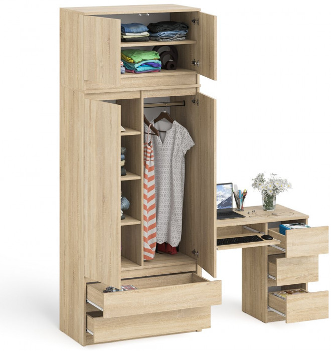 Мори Стол компьютерный МС-6 правый + Шкаф МШ900.1 + Антресоль МА900.1, цвет дуб сонома, ШхГхВ 180,4х50,4х234,2 см., выдвиж. ящики справа, НЕ ун. сб.