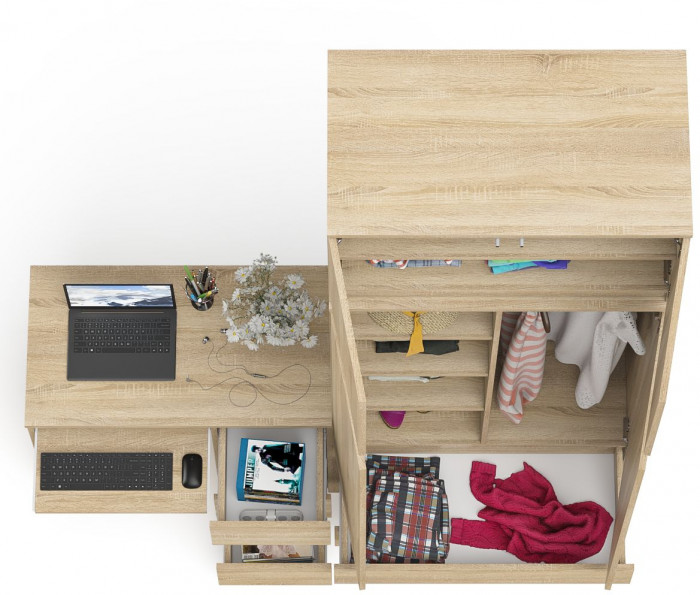 Мори Стол компьютерный МС-6 правый + Шкаф МШ900.1 + Антресоль МА900.1, цвет дуб сонома, ШхГхВ 180,4х50,4х234,2 см., выдвиж. ящики справа, НЕ ун. сб.