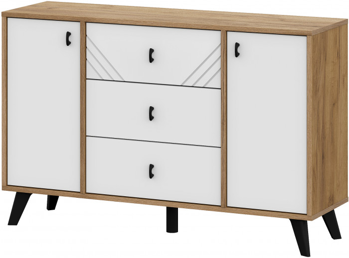 Комод 3 ящика двухстворчатый Байкал, Дуб Золотой, Белый матовый