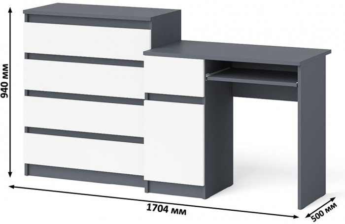 Мори компьютерный стол МС-1 левый + Комод МК800.4, графит/белый