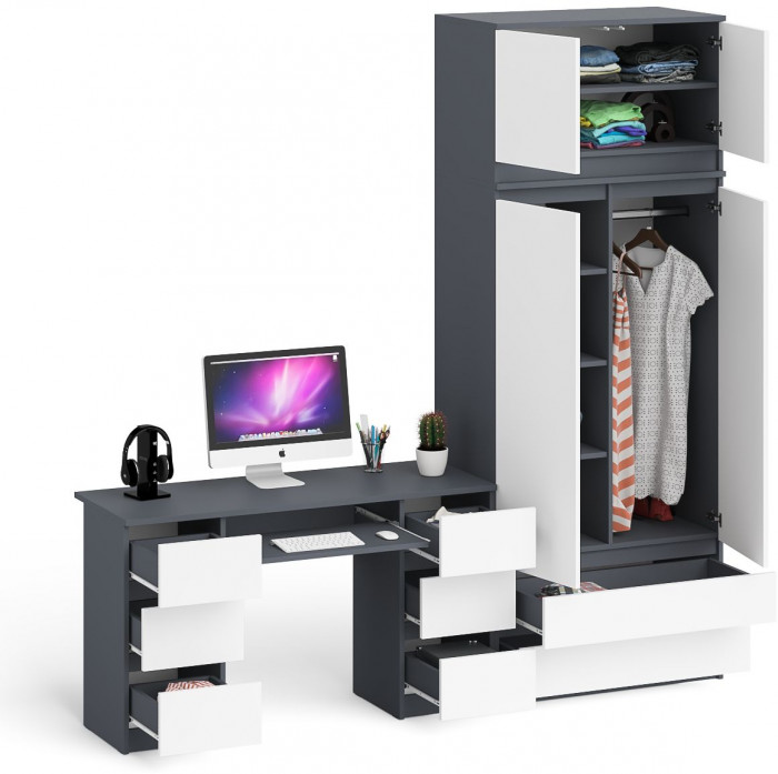 Мори компьютерный стол МС-2 + Шкаф МШ900.1 + Антресоль МА900.1, графит/белый