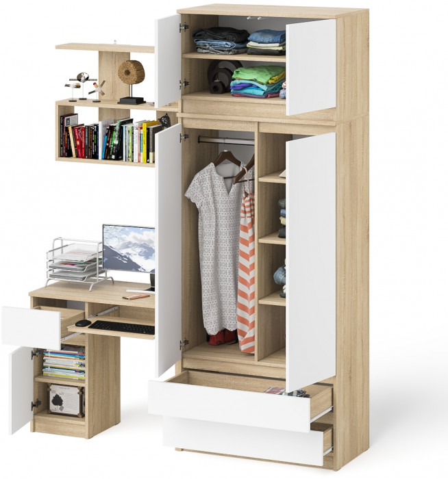 Мори компьютерный стол МС-1 левый + Шкаф МШ900.1 + Антресоль МА900.1 + Полка 900, дуб сонома/белый