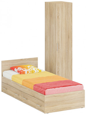 Кровать с ящиками 0900 + Пенал Стандарт, цвет дуб сонома, ШхГхВ 93,5х203,5х70 + 45х52х200 см., сп.м. 900х2000 мм., без матраса, основание есть