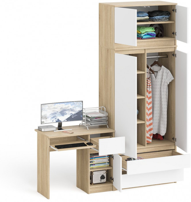 Мори компьютерный стол МС-1 правый + Шкаф МШ900.1 + Антресоль МА900.1, дуб сонома/белый