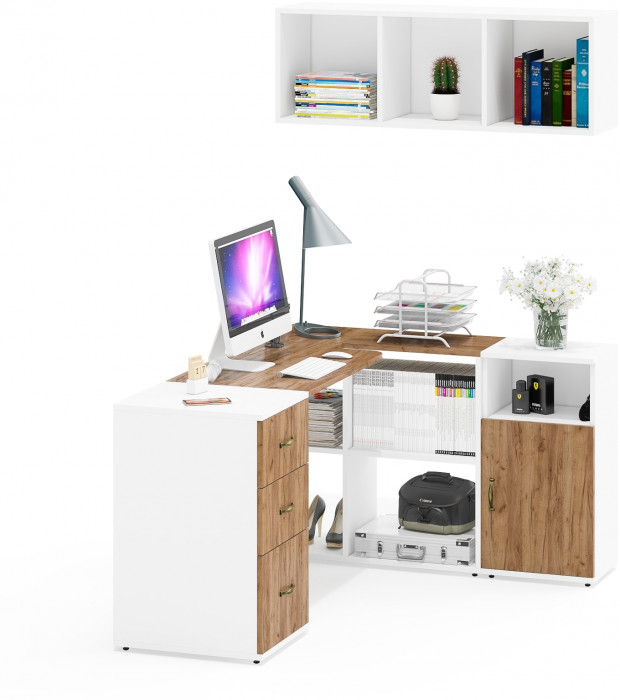 Лидер-8 Стол + Полка + Тумба МД 3.16 + Тумба МД 3.19, цвет белый шагрень/крафт золото, ШхГхВ 245х50/30х75/190 или 155х120/50х75/190 с, НЕ универс. сб.