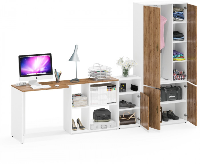 Лидер-8 Стол + Тумба МД 3.19 + Шкаф МД 20Б, цвет белый шагрень/крафт золото, ШхГхВ 285х50/37,5х75/190 или 115х200/50х75/190 см., НЕ ун. сборка