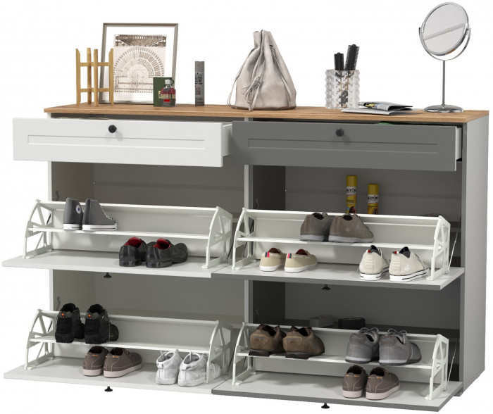 Остин 16.121 Тумба для обуви + 16.121 Тумба для обуви, цвет белый шагрень/серый графит/дуб крафт золотой, ШхГхВ 160х41,6х99,3 см., ун. сборка