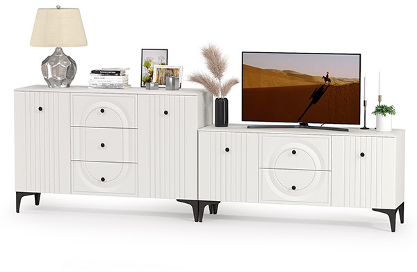 Валенсия Спальня 13.309 Комод + 16.45 Тумба под ТВ, цвет ЛДСП белый шагрень/МДФ белый шагрень, ШхГхВ 266,3х38,4х87,5 см.