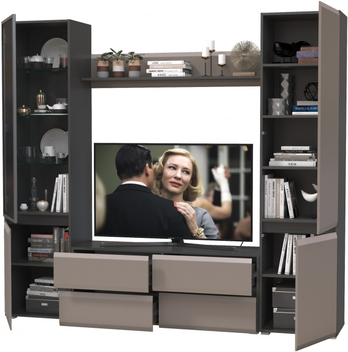 Сидней Комплектация № 050, цвет корпус: антрацит/фасады: МДФ веллюто капучино, ШхГхВ 229,9х41,3х205,2 см., ниша для ТВ 129х41х98 см., универс. сборка