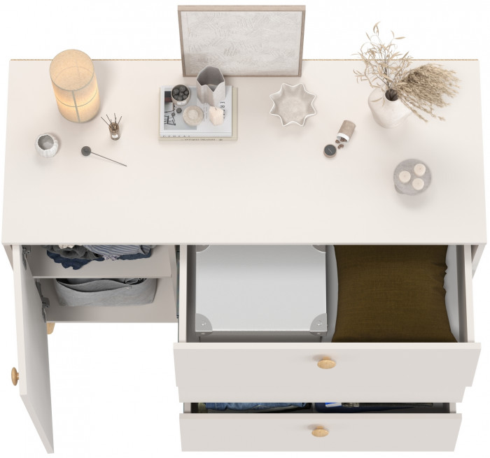 Афина Спальня 4-44901М1к.с. Комод с дверкой и тремя ящиками, цвет кашемир серый, ШхГхВ 110х45,3х83 см., универсальная сборка, цвет ножек: тик