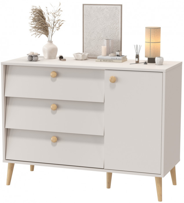 Афина Спальня 4-44901М1к.с. Комод с дверкой и тремя ящиками, цвет кашемир серый, ШхГхВ 110х45,3х83 см., универсальная сборка, цвет ножек: тик