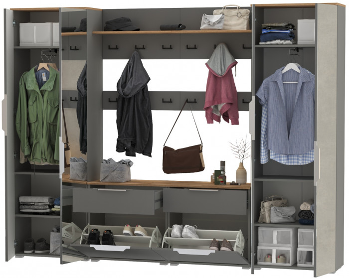 Октава Прихожая 36, цвет серый графит/дуб крафт золотой/фасады МДФ серый графит, ШхГхВ 258,6х35,4х197,6 см., универсальная сборка