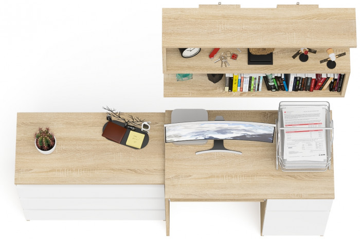Мори компьютерный стол МС-1 правый + Комод МК800.1 + Полка 900, дуб сонома/белый