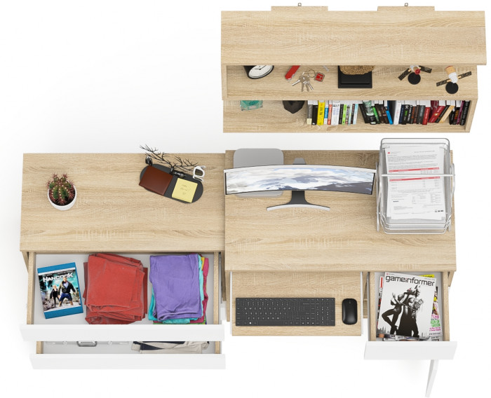 Мори компьютерный стол МС-1 правый + Комод МК800.1 + Полка 900, дуб сонома/белый