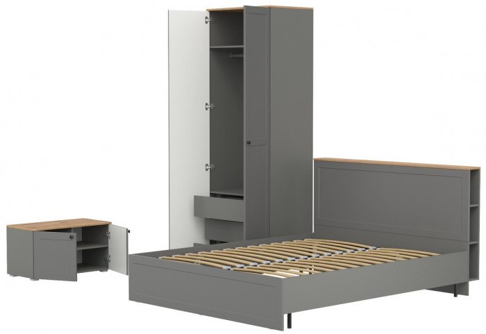 Остин 11.53 Кровать + ортопед + 13.336.02 Шкаф для одежды + 13.257 Тумба, серый графит/дуб крафт золотой