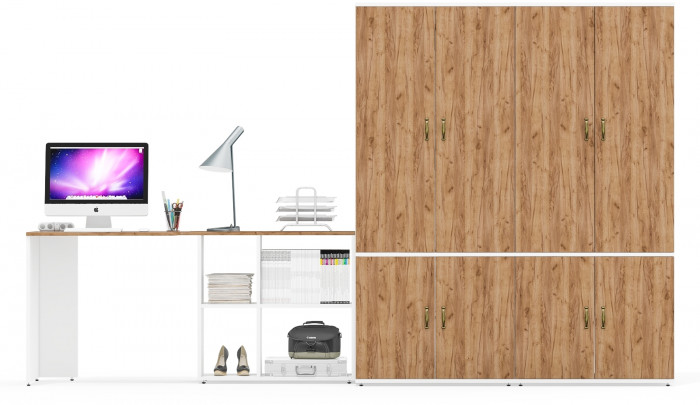 Лидер-8 Стол + Шкаф МД 19Б + Шкаф МД 19Б, цвет белый шагрень/крафт золото, ШхГхВ 325х50х75/190 или 240х115/50х75/190 см., НЕ ун. сборка