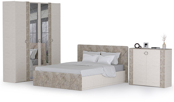 Амели Спальня № 10 Шкафы 08.49 + 13.133 + 08.49 + Кровать 11.31 + под. ортопед + Комод 13.107, цвет шёлк. камень/бетон чикаго беж, 1600х2000 мм, б/м