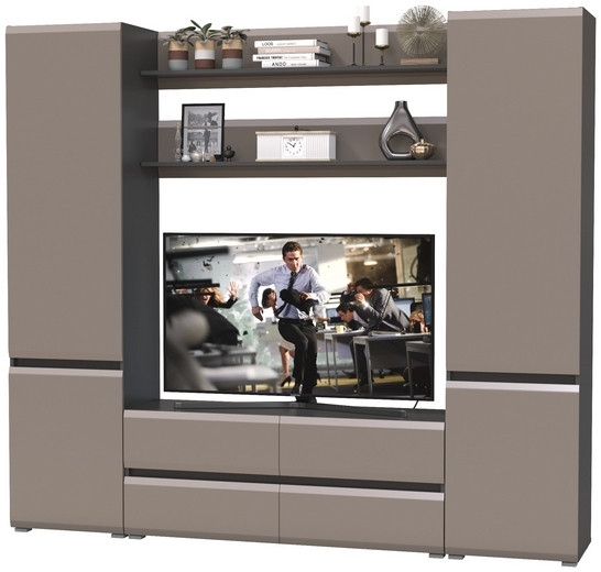 Сидней Комплектация № 067, цвет корпус: антрацит/фасады: МДФ веллюто капучино, ШхГхВ 229,9х41,3х205,2 см., ниша для ТВ 129х41х90 см., универс. сборка