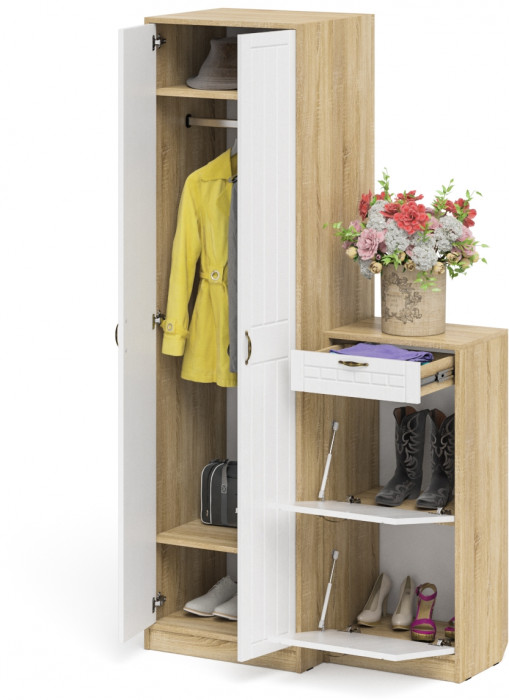 Прихожая П-6 Компоновка № 16, дуб сонома/фасады МДФ белое дерево фрезеровка прованс