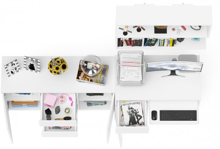 Мори Стол компьютерный МС-1 левый + Комод МК1200.3 + Полка 900, цвет белый, ШхГхВ 210,4х50х209,6 см., НЕ универсальная сборка