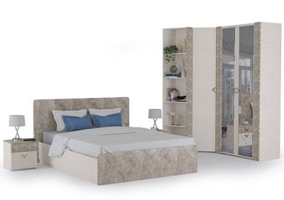 Амели Спальня № 6 Две тумбочки + Кровать 11.31 + под. ортопед + Шкафы 13.140 + 13.131 + 13.133, цвет шёлк. камень/бетон чикаго беж, 1600х2000 мм, б/м