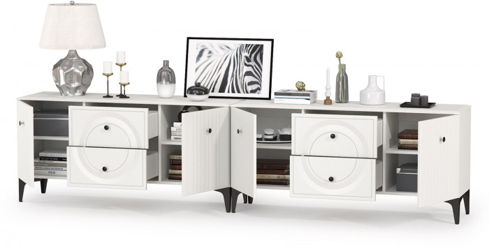 Валенсия Гостиная 16.45 Тумба под ТВ + 16.45 Тумба под ТВ, цвет ЛДСП белый шагрень/МДФ белый шагрень, ШхГхВ 266,2х38,3х63,7 см.