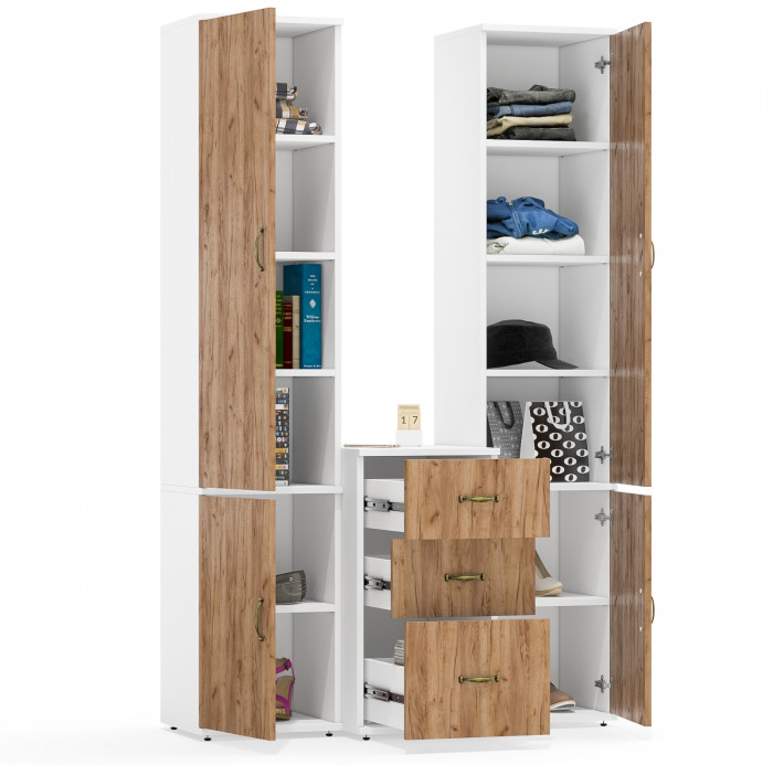 Лидер-8 Пенал МД 22Б + Пенал МД 22Б + Тумба МД 3.16, белый шагрень/крафт золото