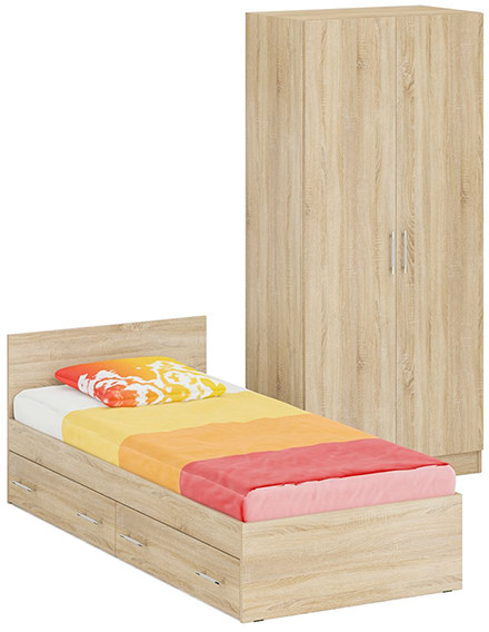 Кровать с ящиками 0900 + Шкаф 2-х створчатый Стандарт, цвет дуб сонома, ШхГхВ 93,5х203,5х70 + 90х52х200 см., сп.м. 900х2000 мм., б/м, основание есть