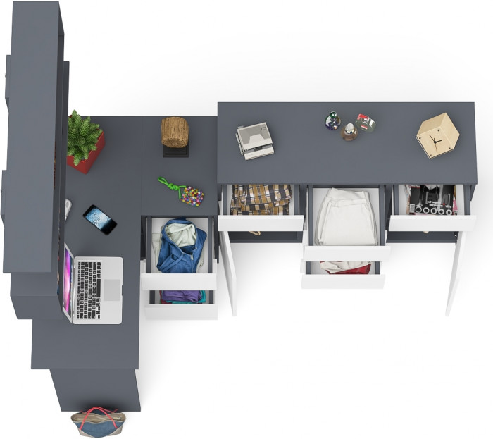 Мори компьютерный стол МС-16 правый + Комод МК1200.4 + Полка 1200, графит/белый