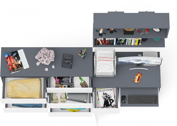 Мори Стол компьютерный МС-1 левый + Комод МК1200.8 + Полка 900, цвет графит/белый, ШхГхВ 210,4х50х209,6 см., НЕ универсальная сборка