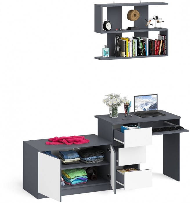 Мори Стол компьютерный МС-6 левый + Тумба МА900.1 + Полка 900, цвет графит/белый, ШхГхВ 180,4х50,4х209,6 см., НЕ универсальная сборка