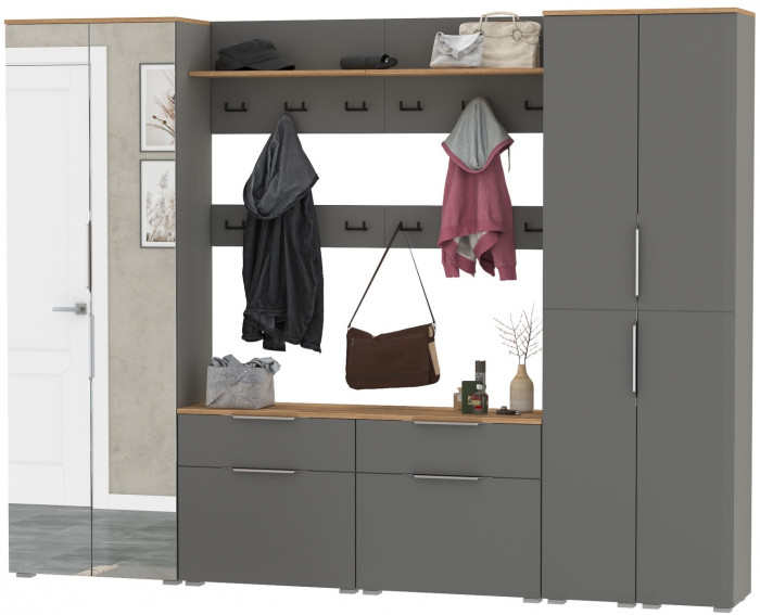 Октава Прихожая 37, цвет серый графит/дуб крафт золотой/фасады МДФ серый графит, ШхГхВ 258,6х35,4х197,6 см., универсальная сборка