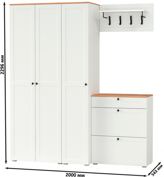 Остин Прихожая 41, цвет белый шагрень/дуб крафт золотой, ШхГхВ 200х54,3х229,6 см., универсальная сборка