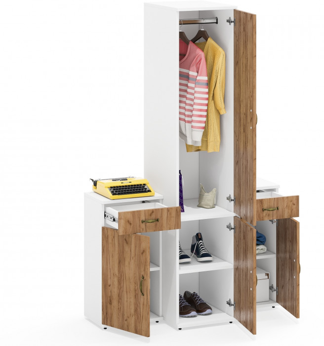 Лидер-8 Пенал МД 23Б + Тумба МД 3.15 + Тумба МД 3.15, цвет белый шагрень/крафт золото, ШхГхВ 120х50х190 см., универсальная сборка